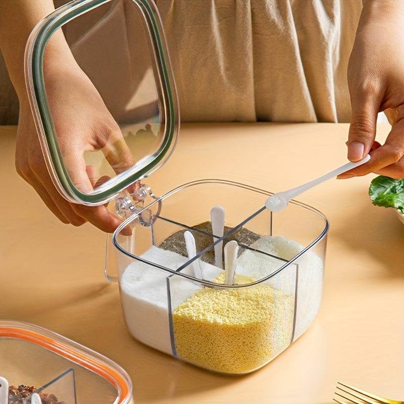 [Modern Spice Storage Box] 1pc Transparent Plastic Four-Compartment Integrated Spice Storage Box with Lid | Kitchen Organizer for Salt, Pepper, Sugar & Herbs - Compact Countertop or Dining Table Seasoning Container, Modern Design, Durable Kitchenware, In