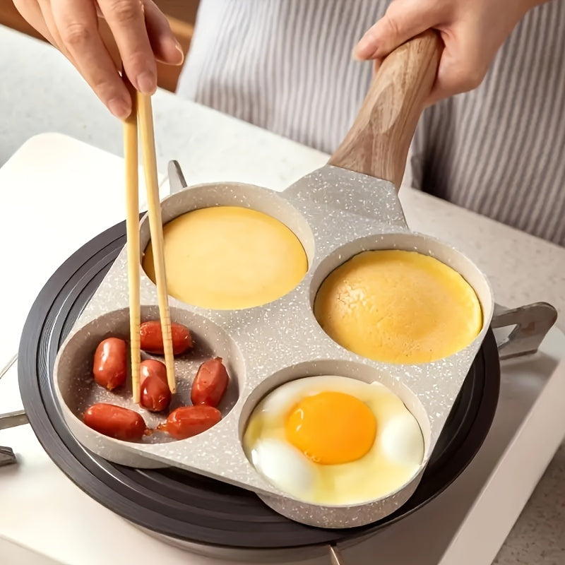Maifanshi Non-Stick Aluminum Frying Pan - 4-Compartment, Multi-Use for Breakfast, Easy Clean, Ergonomic Wooden Handle, 1pc