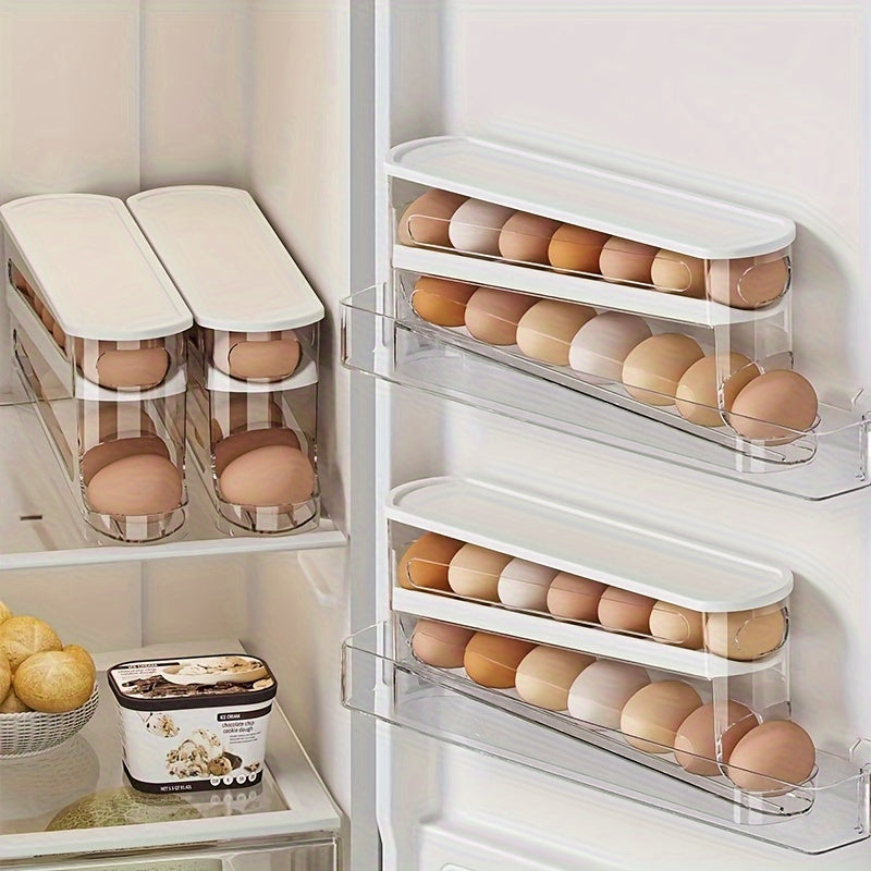 [Egg Storage Box] 1pc Heavy-Duty Rolling Egg Carton Storage Box With Egg Compartments - Space-Saving Fridge Organizer, Door/Wall-Mountable Plastic Egg Holder For Refrigerator Shelves, No /, Durable Fridge Accessory (Fits Most Doors